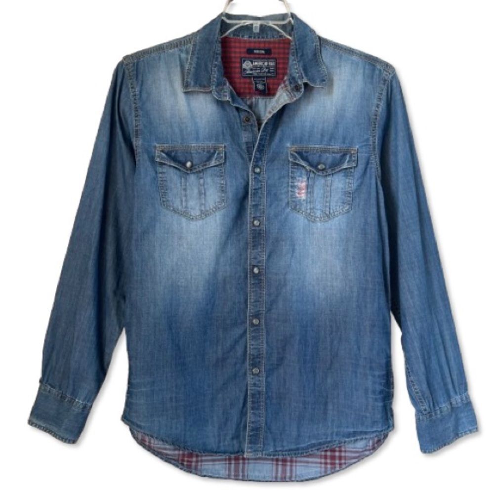 VTG American Rag Men Pearl Snap Western Distressed Blue Denim Shirt SZ M